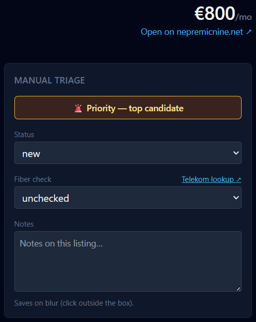 Manual triage sidebar on a listing detail page — "Priority — top candidate" toggle button (currently active), Status dropdown set to "new", Fiber check dropdown with a Telekom lookup link beside it, and a Notes textarea labeled "Saves on blur (click outside the box)".