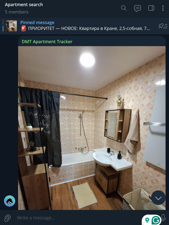 Telegram supergroup screen — pinned "Apartment search" group with bot message showing a listing photo (apartment bathroom interior) and the bot username "DMT Apartment Tracker", with reply input at the bottom.